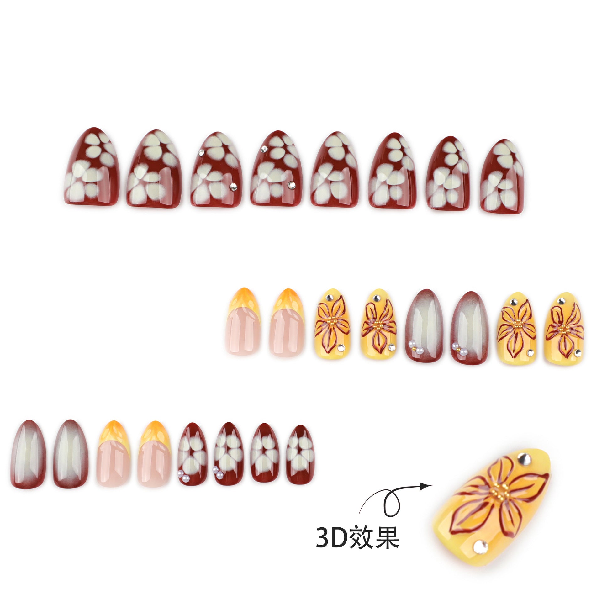 Popular short almond 3D three-dimensional flower multi-color press-on nails