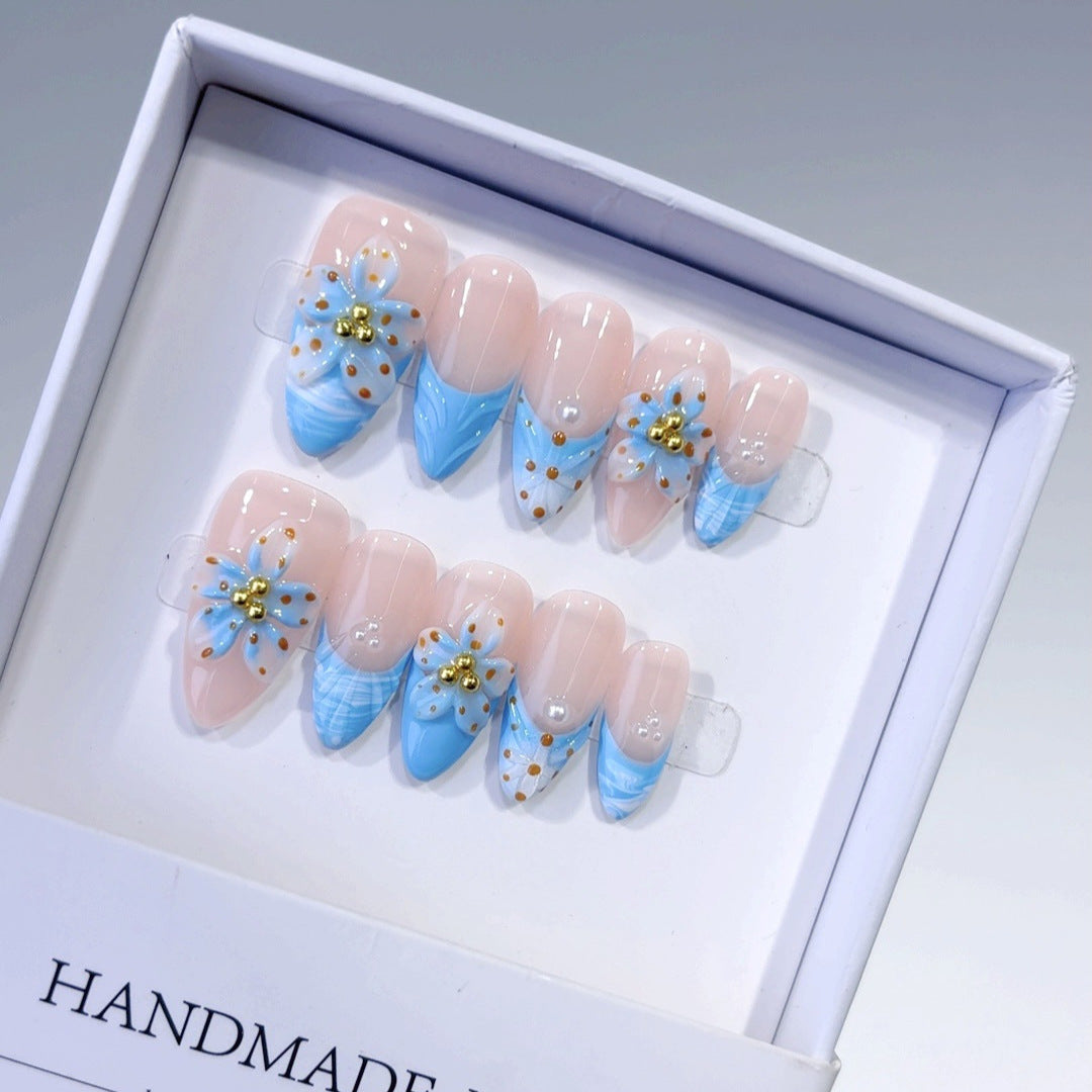 Ocean Bloom: "Blue Petal" – Medium Almond Handmade Press On Nails