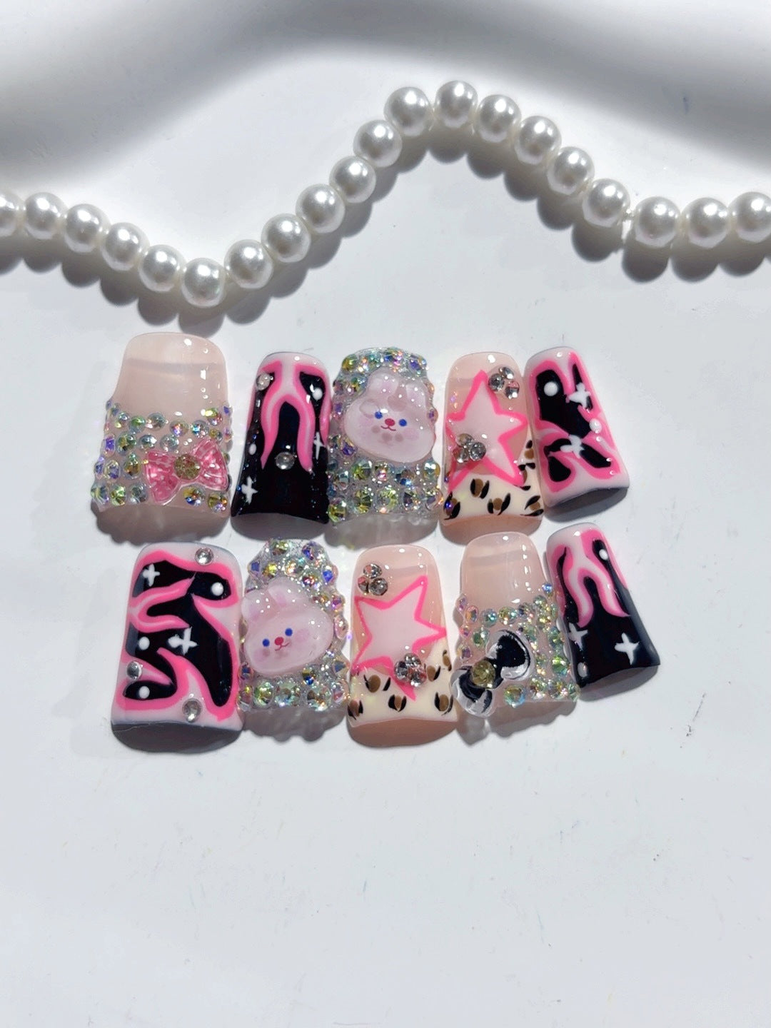 Y2K Punk Kawaii: "Pink Flame Bunny" – Short Square Black & Pink Cartoon Handmade Press-On