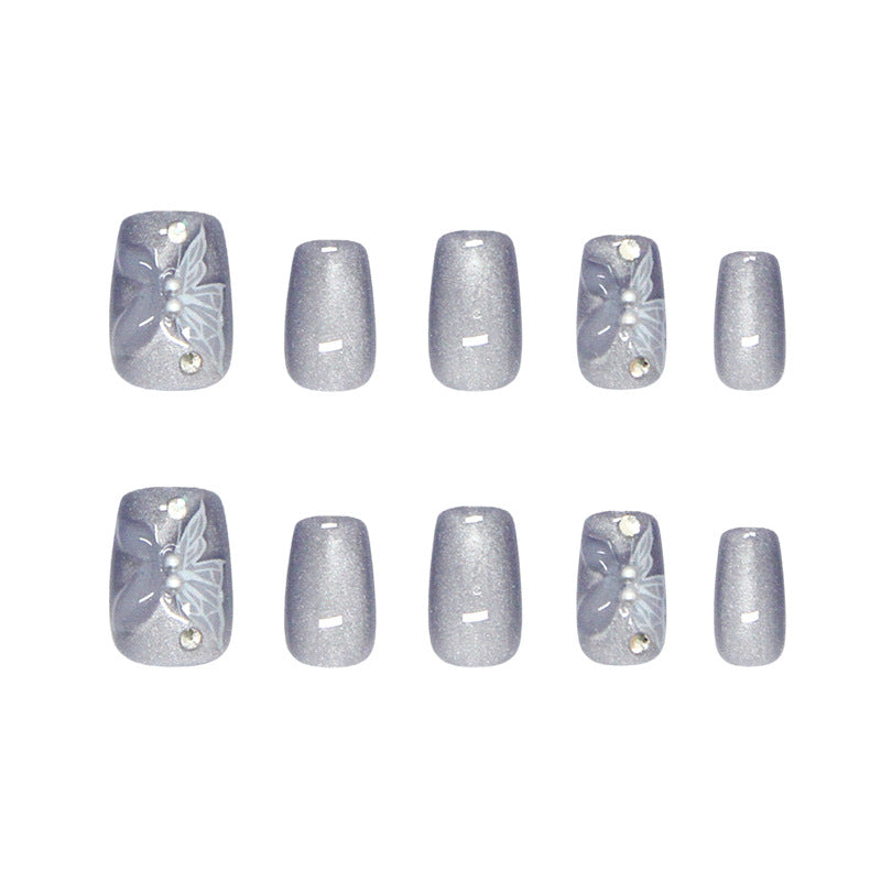 Nail Tips  prefabricated nail mist blue three-dimensional butterfly cat eye flash gentle and cold diamond manicure 30 pieces｜365nails