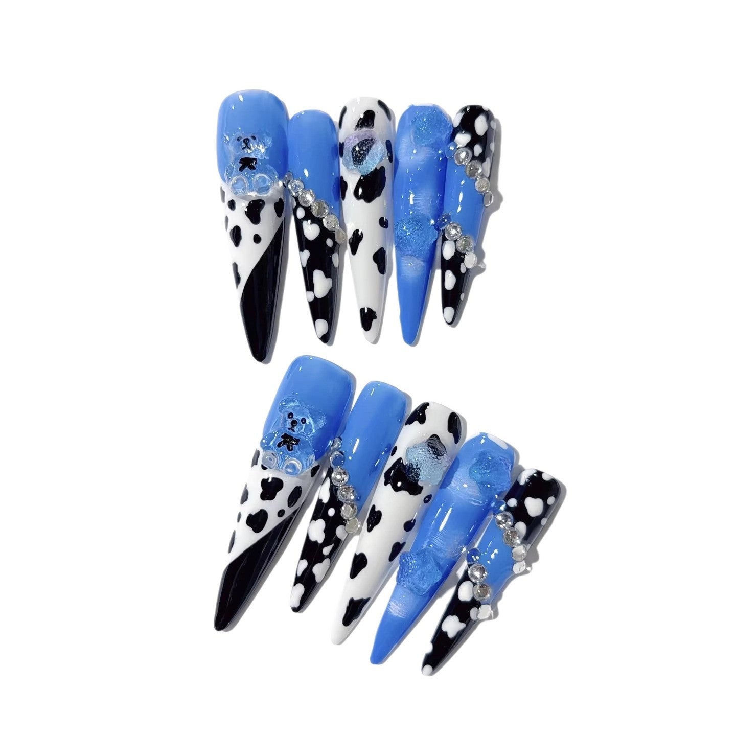 Blue Cow Print Cute Bear Statement Press On Nails