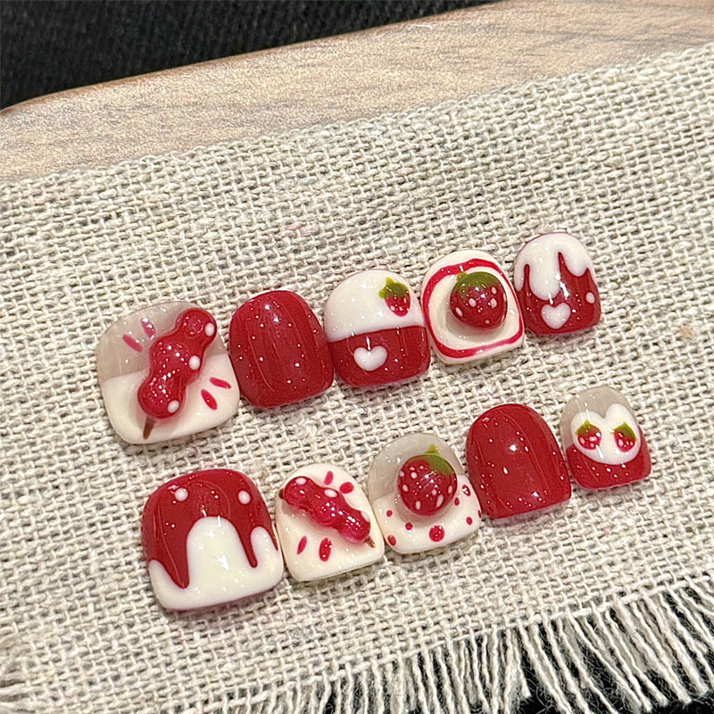 365nails: "sweet strawberry tanghulu" – short squoval handmade kids press-on nails