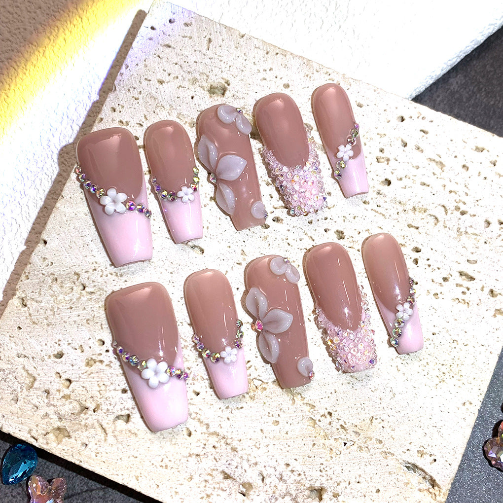 Soft Nude Floral Crystal Elegant Press On Nails