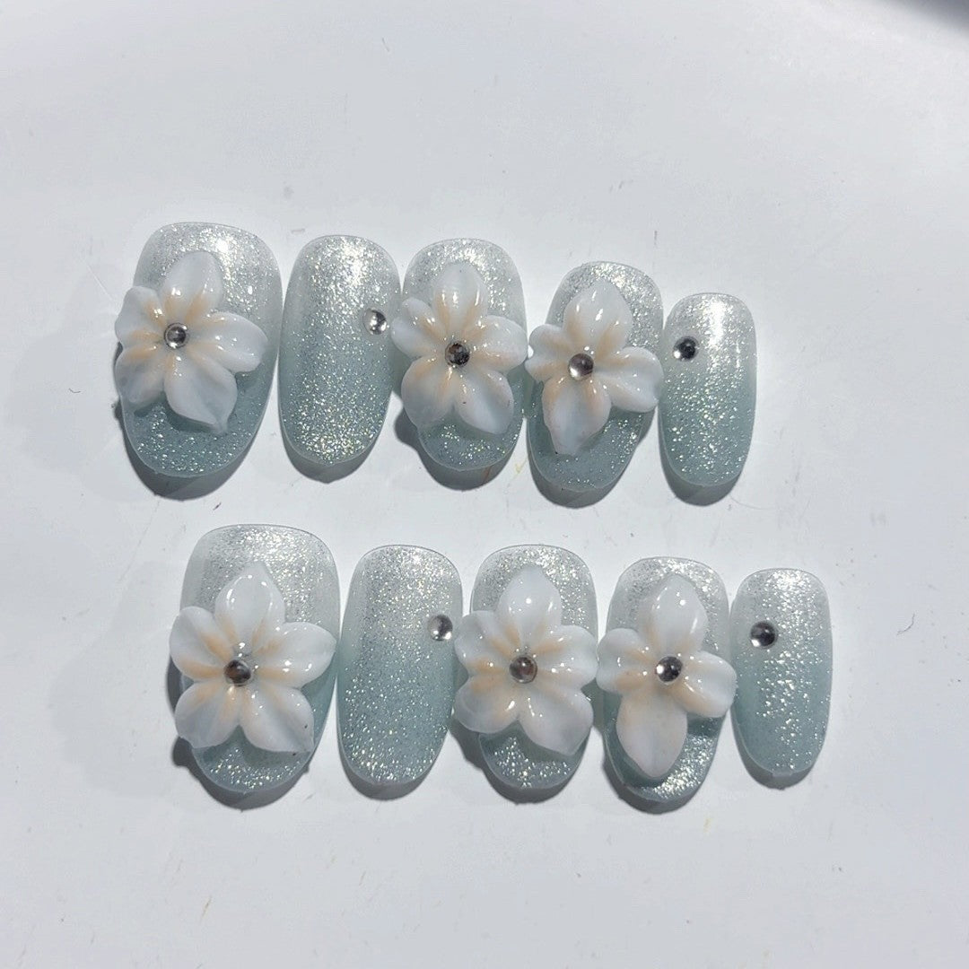 365nails-Seaside Serenity: "Mother-of-Pearl Bloom" – Short Square Handmade 3D Carved Press-On Nails