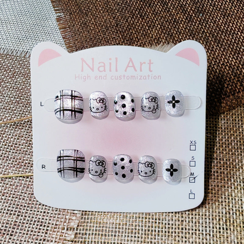 365nails: "silver shimmer kitty" – short round handmade kids press-on nails