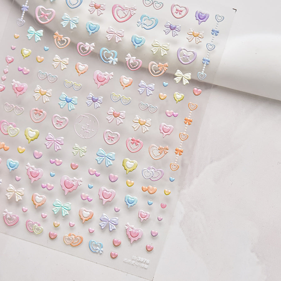 Pastel Heart & Bow Nail Stickers – 5D Embossed Kawaii Sweet Set