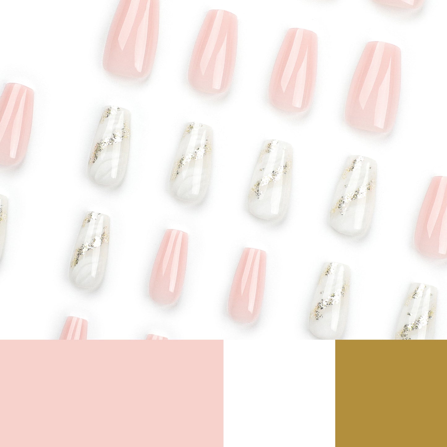Solid color pink press on nails white smudged gold glitter streamer nail piece finished ballet removable nail art｜365nails