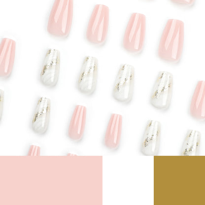 Solid color pink press on nails white smudged gold glitter streamer nail piece finished ballet removable nail art｜365nails