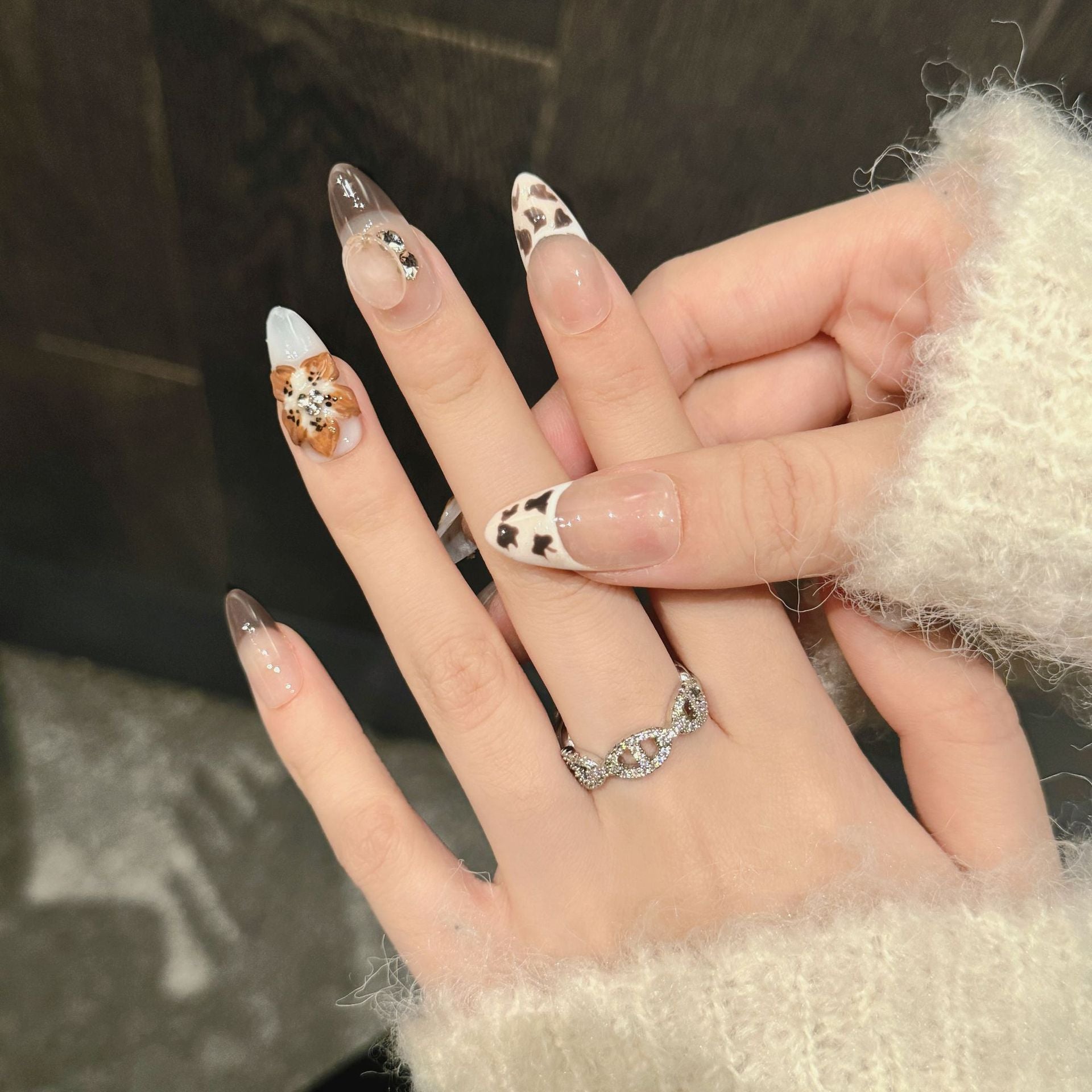 365nails: "Leopard Bloom" – 3D Floral & Gem Handmade Almond Nails