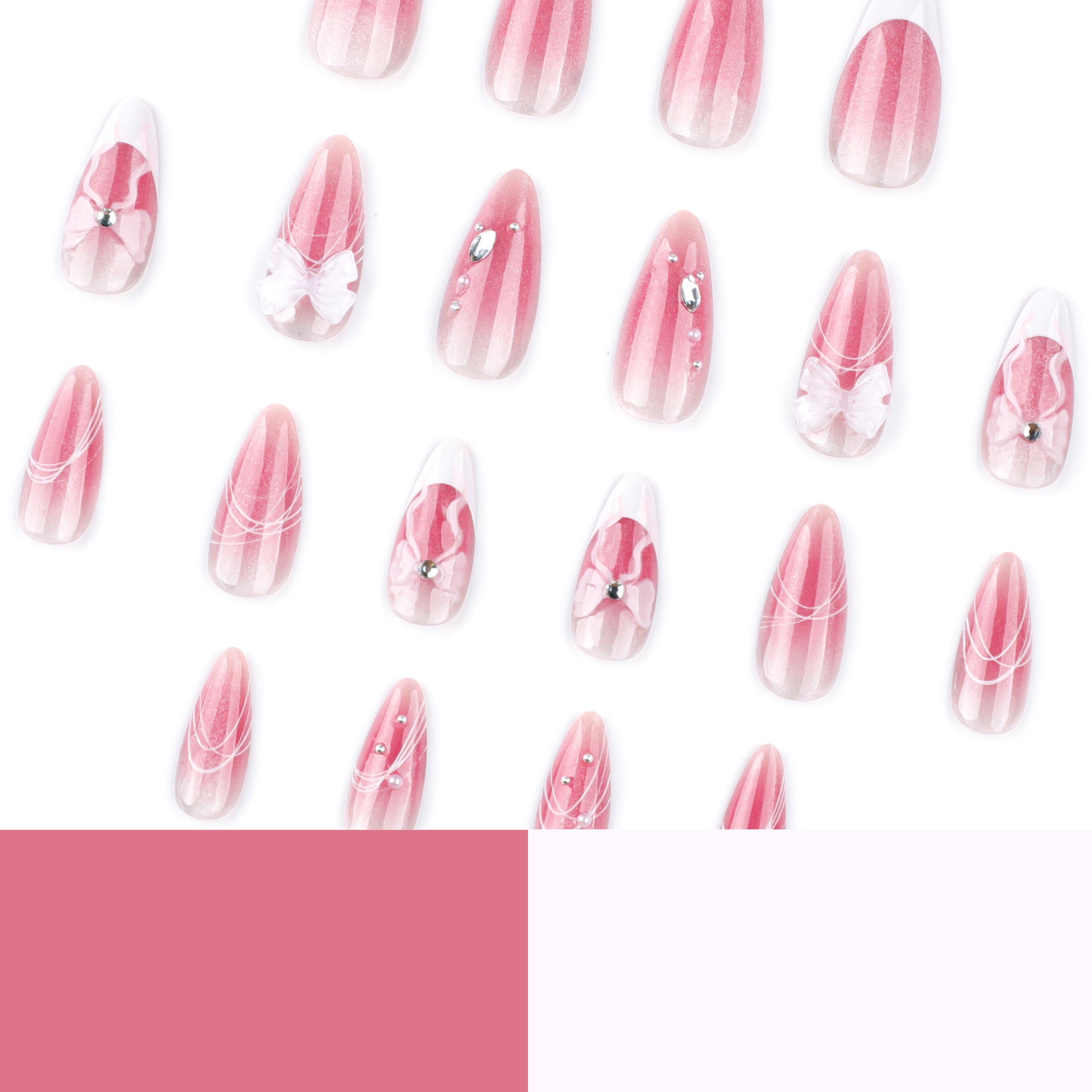 貓眼漸層腮紅色 法式蝴蝶結 杏仁形穿戴甲｜365nails
