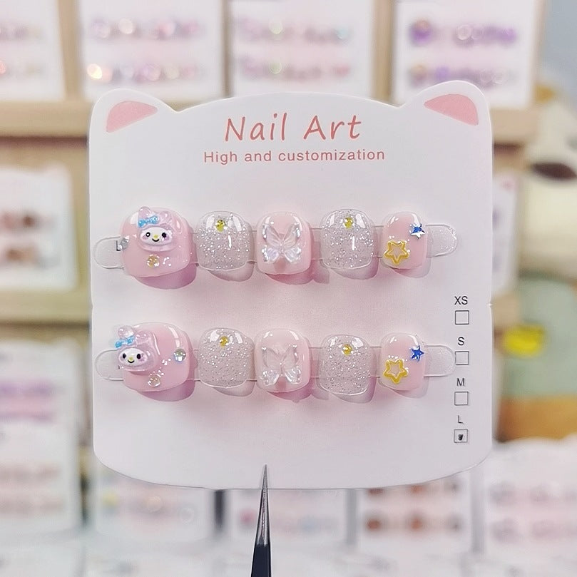 Mini Melody Cute Kids Press On Nails with Star Glitter
