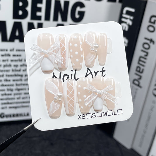 Adesivo de unha francês fofo e fofo feito à mão com gelo, médio e longo, para unhas postiças, atacado ｜365nails