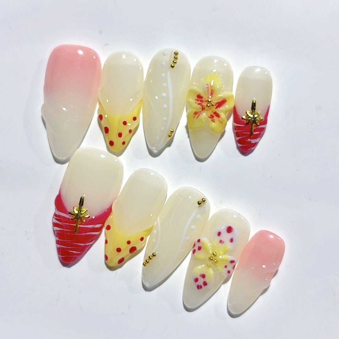365nails：「草莓花卉波普」– 中長款杏仁形黃紅色水果花卉手工製穿戴甲