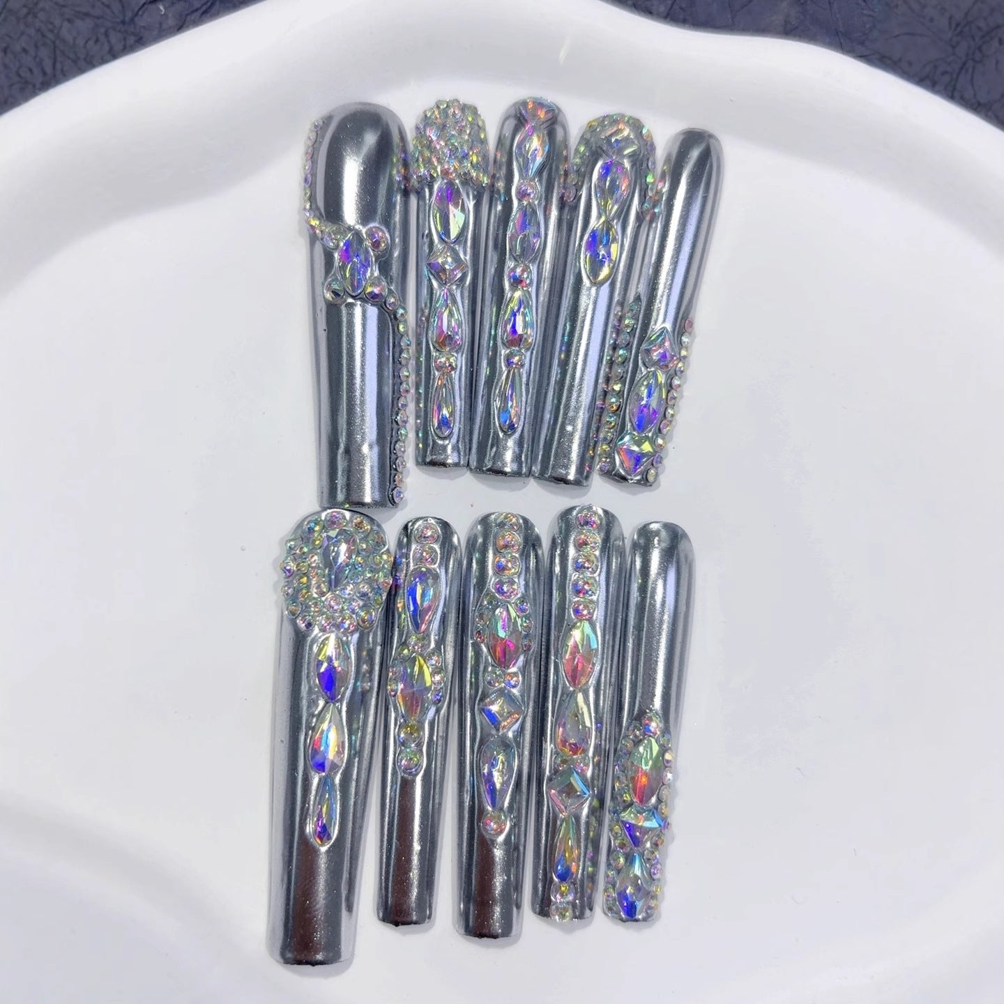 Silver Chrome Crystal Luxe Statement Press On Nails