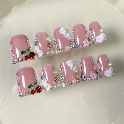 Duck bill nail three-dimensional carving gentle cherry powder sweet handmade press-on nails flash ice through fake nails｜365nails