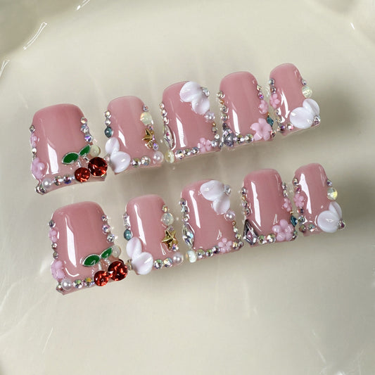 Duck bill nail three-dimensional carving gentle cherry powder sweet handmade press-on nails flash ice through fake nails｜365nails