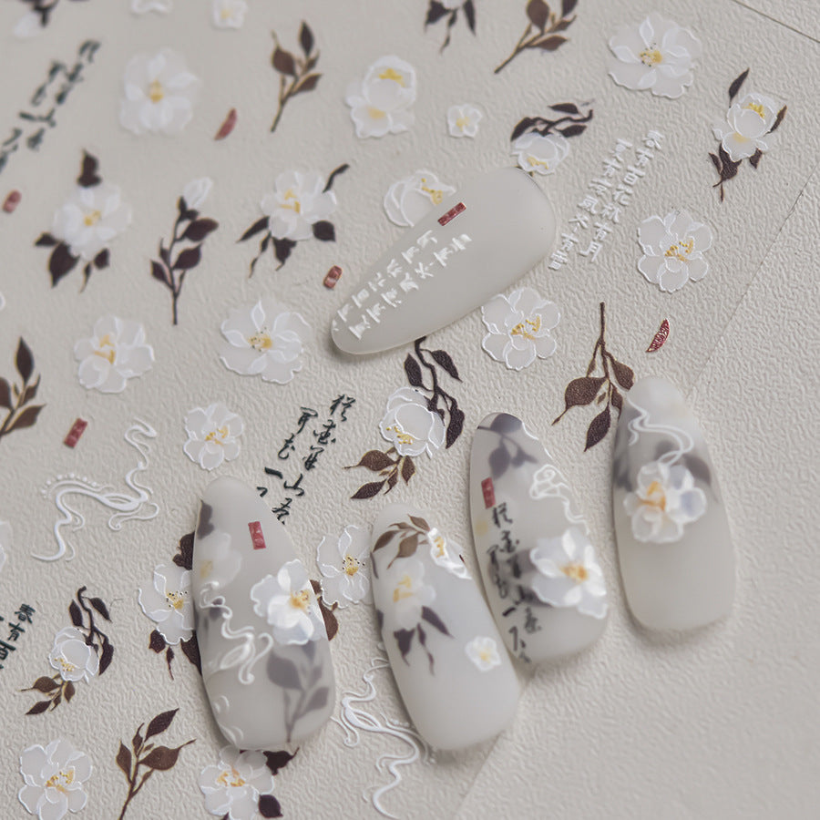 365nails: "conjunto em relevo de caligrafia de camélia branca" – Adesivos para unhas