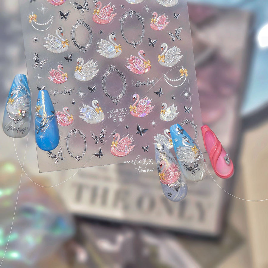 Elegant Swan & Frame: "Swan Lake" – 5D Metallic Nail Sticker