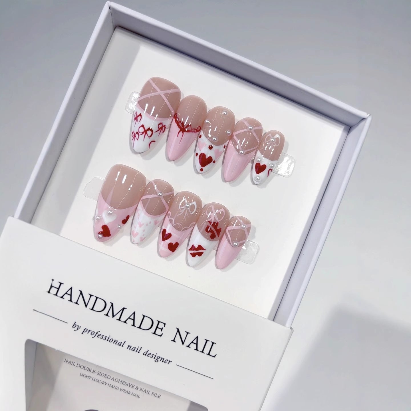 Coquette Romance: "Pink Bow Heart" – Almond Shape Handmade Press-Ons