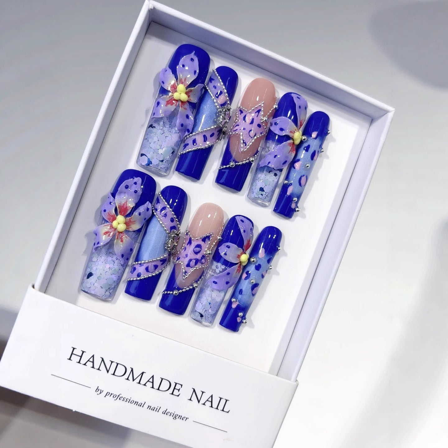 Blue Floral Sculpted Art Crystal Statement Press On Nails