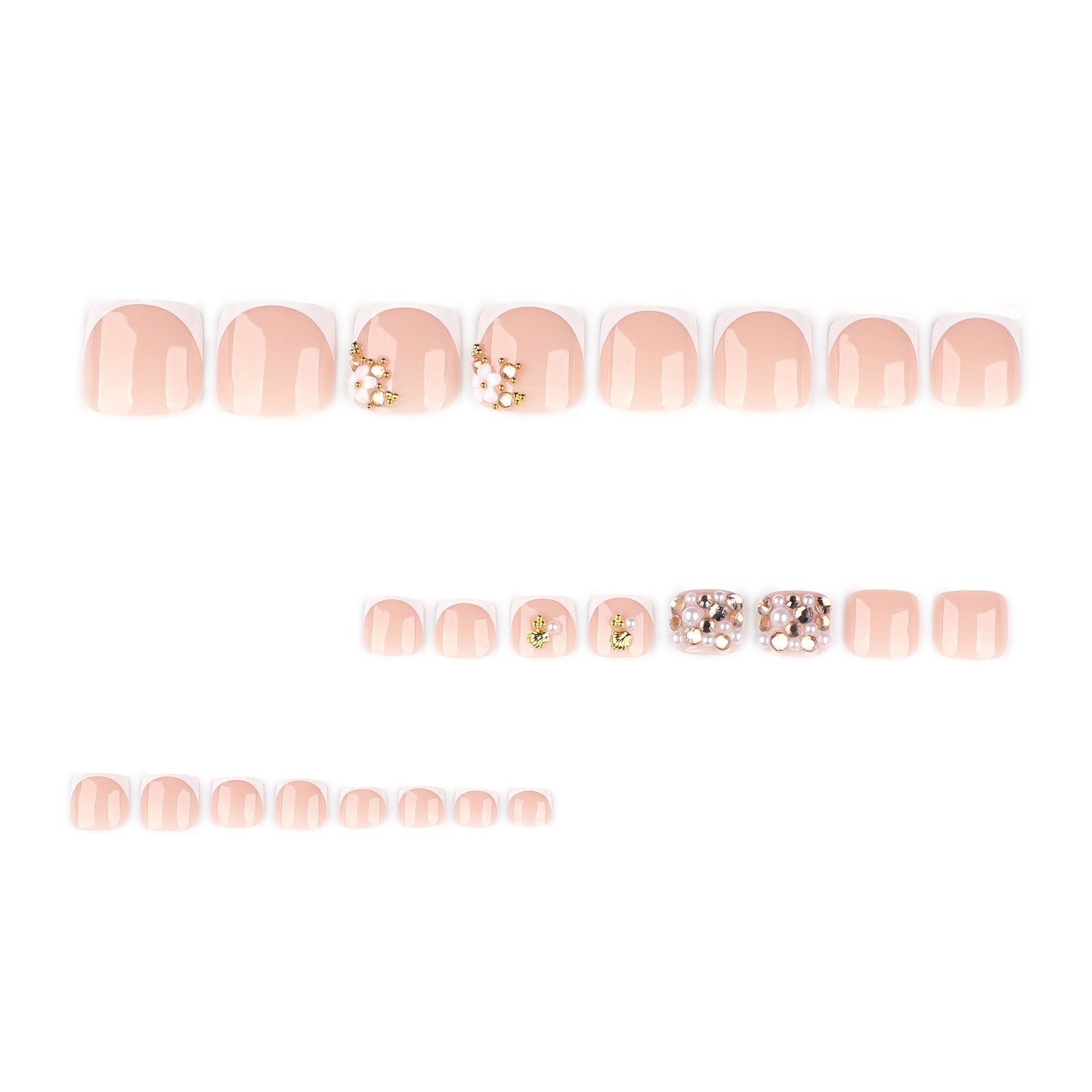 Pearl & rhinestone bling french white minimalist toenail tips