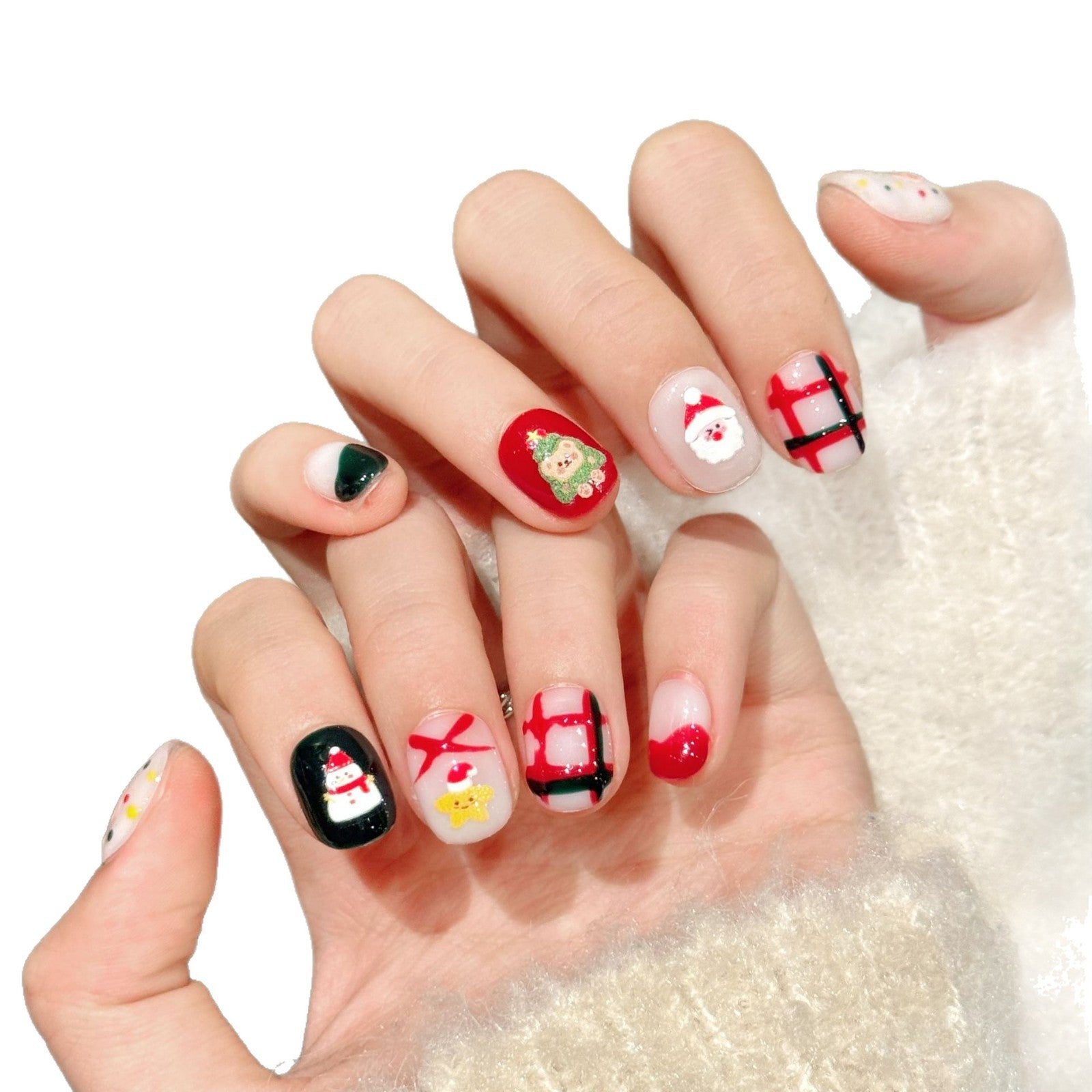 Christmas Cute Santa Bear Gift Red Green Festive Press On Nails
