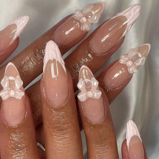 Sweet French pink almond press-on nails pads pure ice through three-dimensional bow nail art fake nail wholesale｜365nails