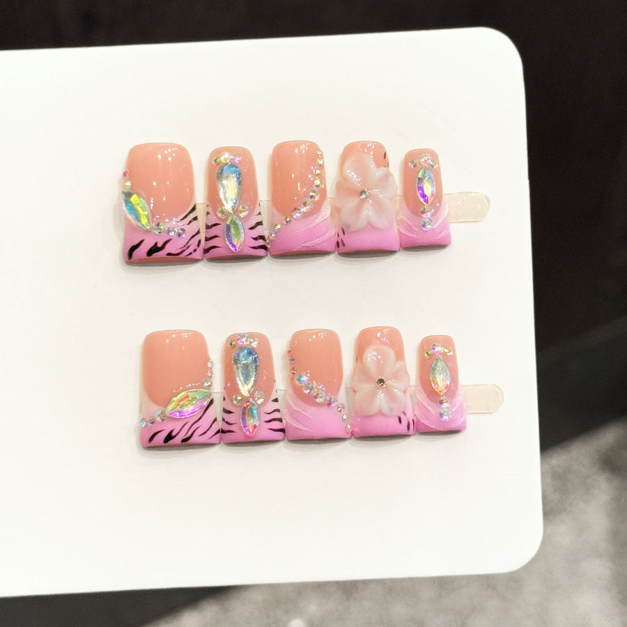 365nails: "Neon Safari" – 3D Floral & Iridescent Tiger Stripe Handmade Almond Nails