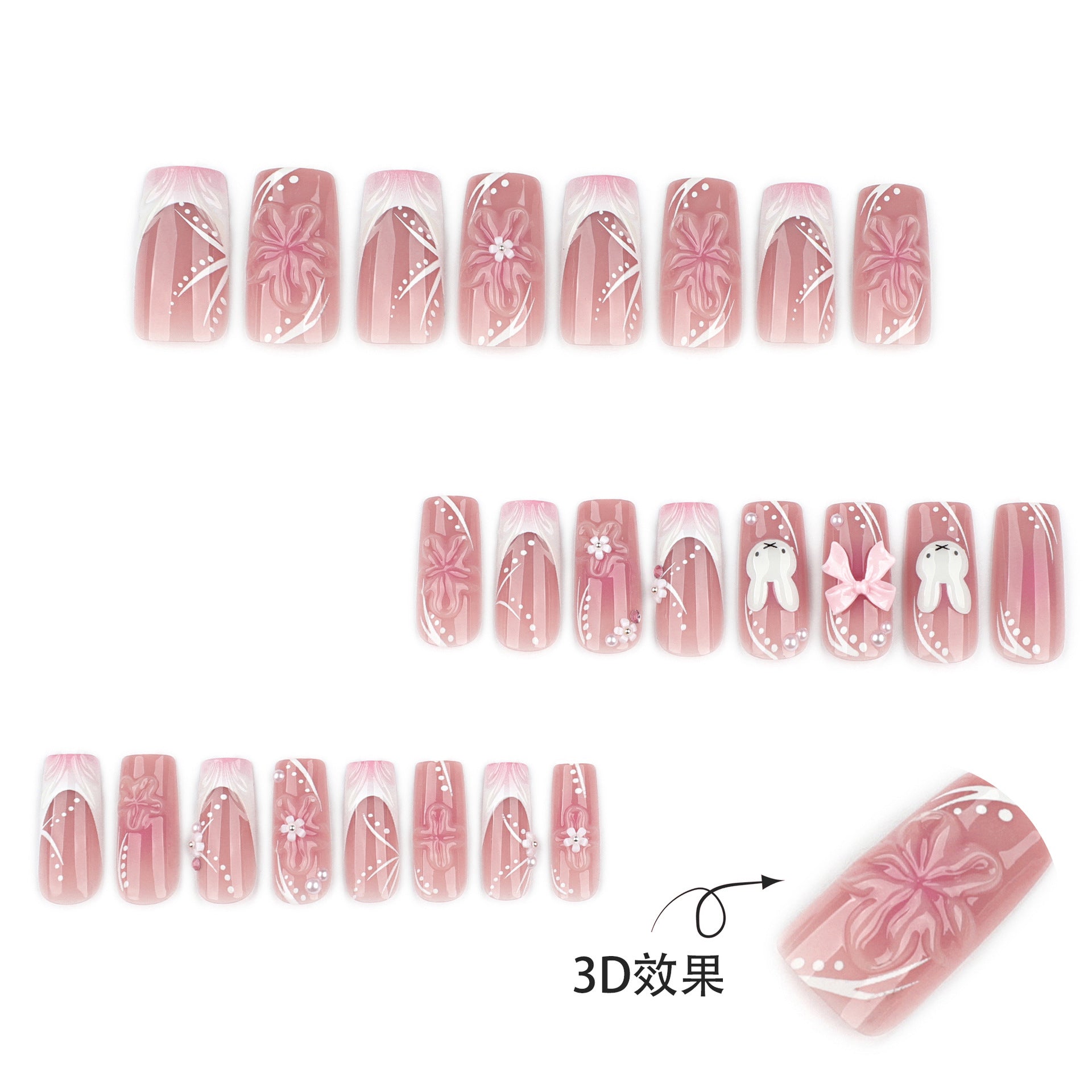 3D 花卉穿戴甲 — 甜美可愛兔子與蝴蝶結圖案