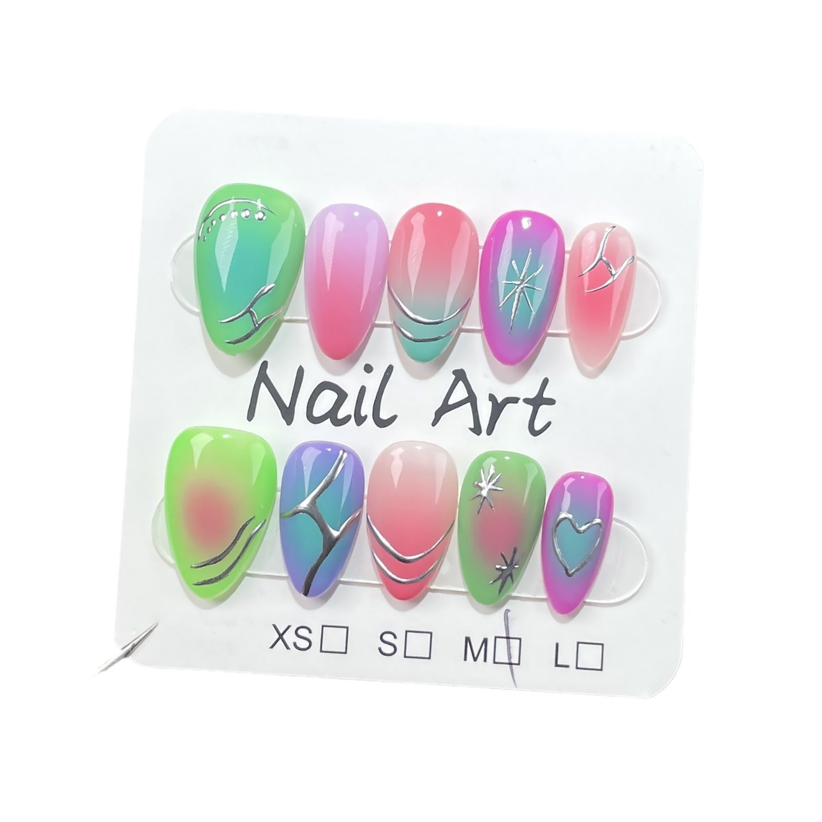 Uñas postizas hechas a mano con diseño fluorescente en contraste, diseño de uñas cortas Spice Girl, parche terminado, pegatinas para uñas ponibles | 365nails