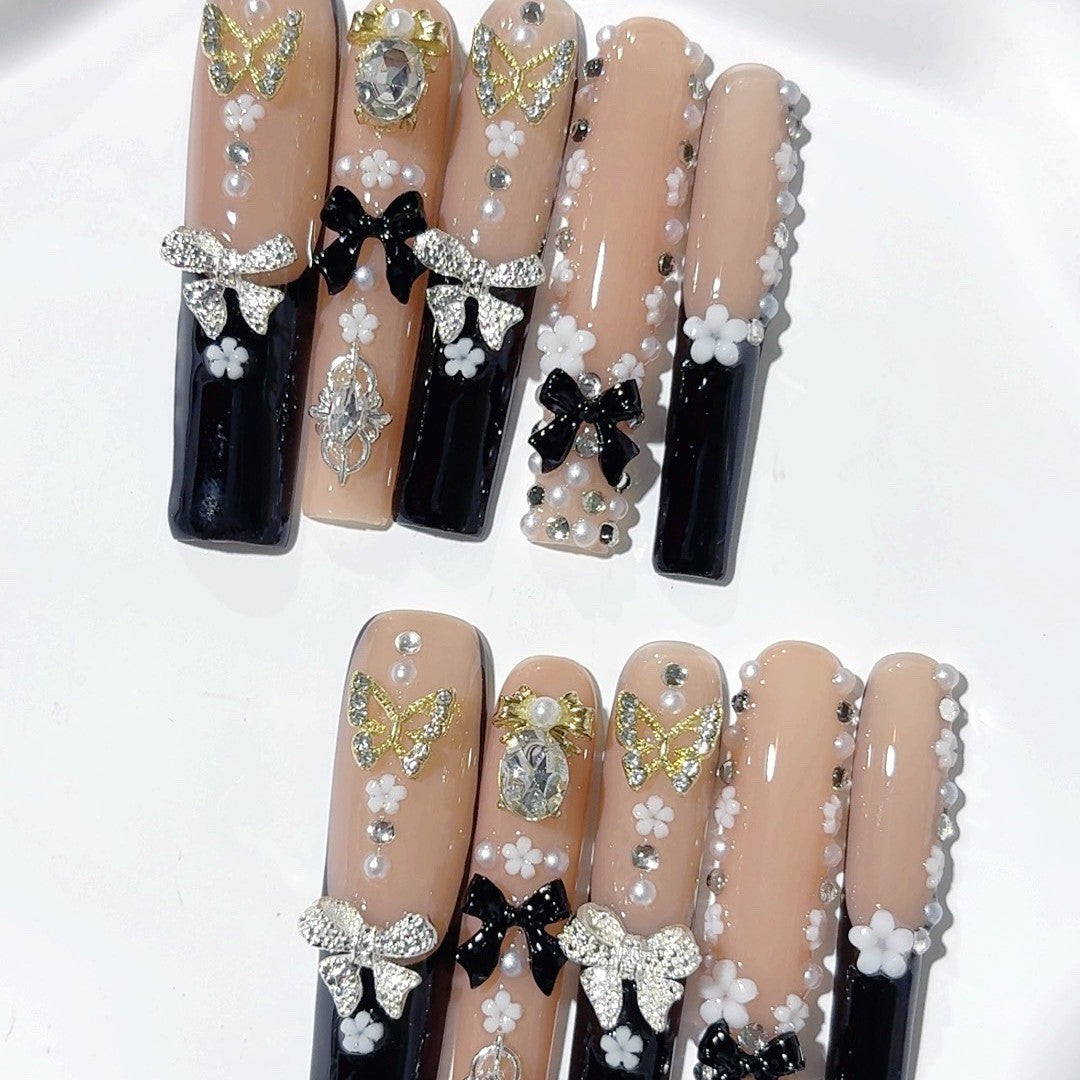 French Butterfly Bow Crystal Elegant Press On Nails