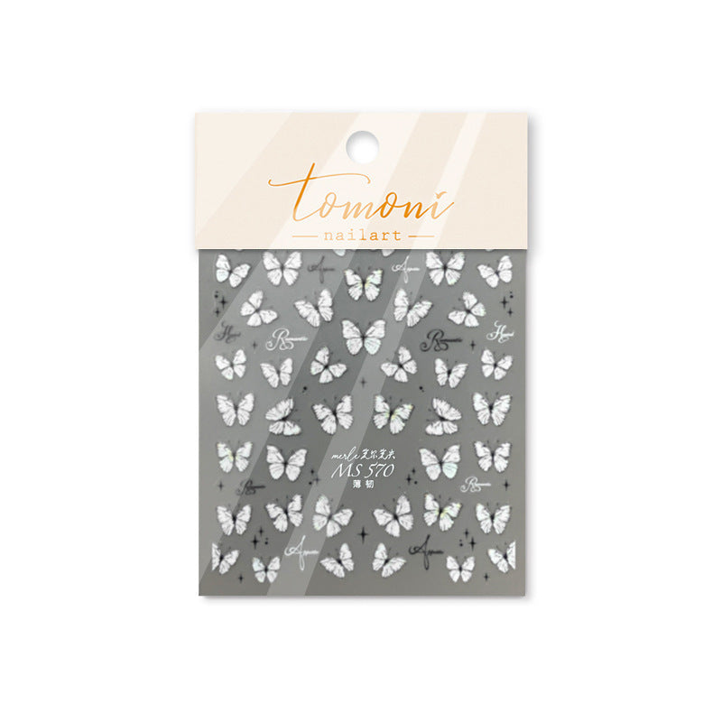 White & Holographic Butterfly Nail Stickers – 5D Embossed Minimalist Set