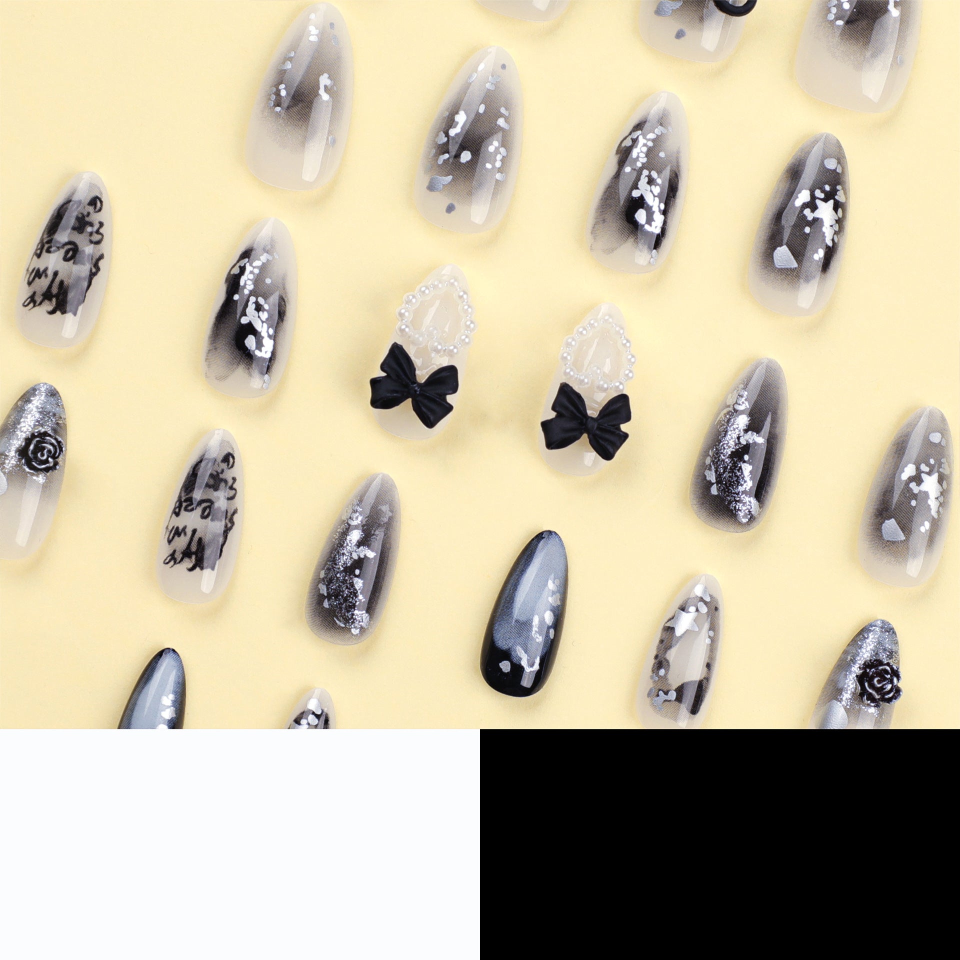 Arte de unha com laço tridimensional preto, pérola, estrela do amor, mudança gradual, lantejoulas, letra amêndoa ｜365nails