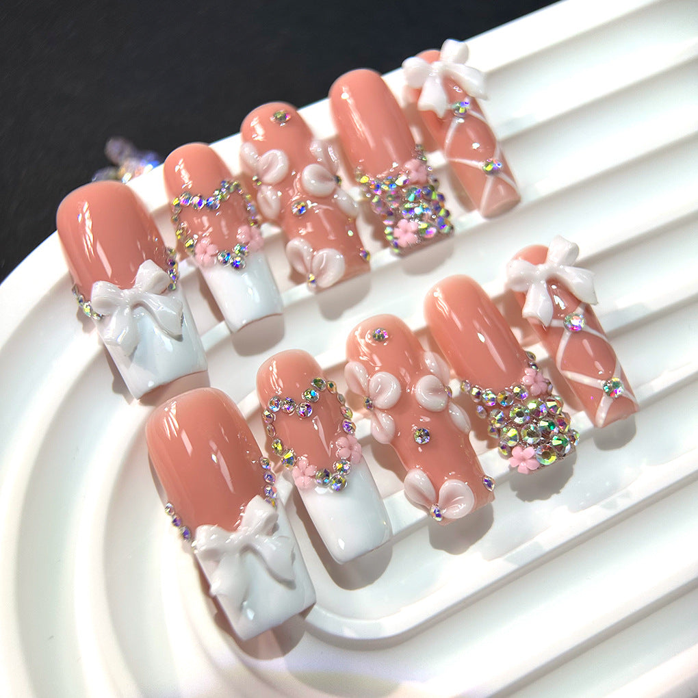 Blush French Floral Crystal Embellished Elegant Press On Nails