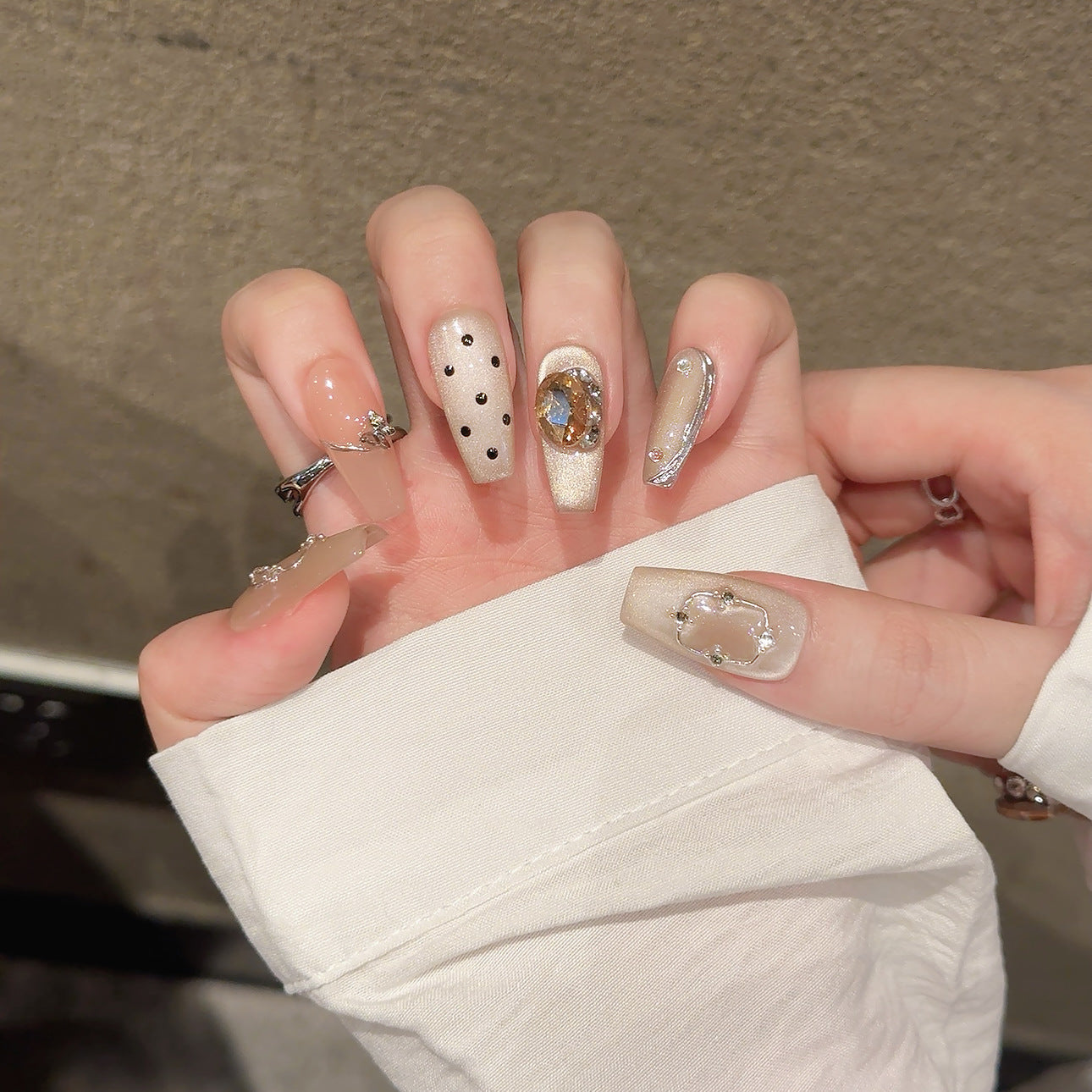 365nails: "Moonlight Script" – 3D Gem & Polka Dot Cat Eye Handmade Coffin Nails