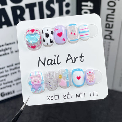 Handmade press on nails cartoon three-dimensional love bear nail patch cute and sweet hand-painted short wear fake nails｜365nails