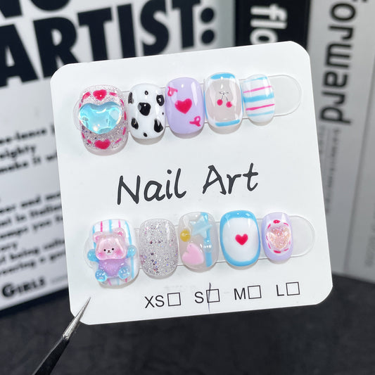 Handmade press on nails cartoon three-dimensional love bear nail patch cute and sweet hand-painted short wear fake nails｜365nails