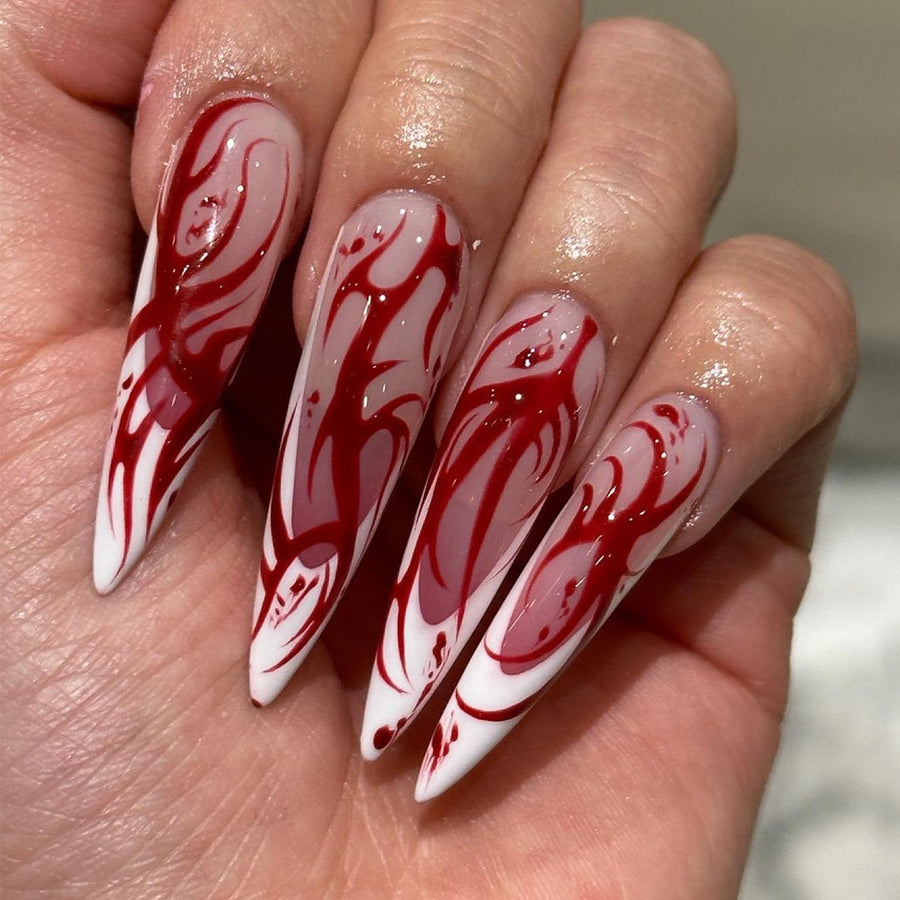 Manicura de Halloween reutilizable y usable, francesa, larga y puntiaguda, con efecto llama roja ｜365nails
