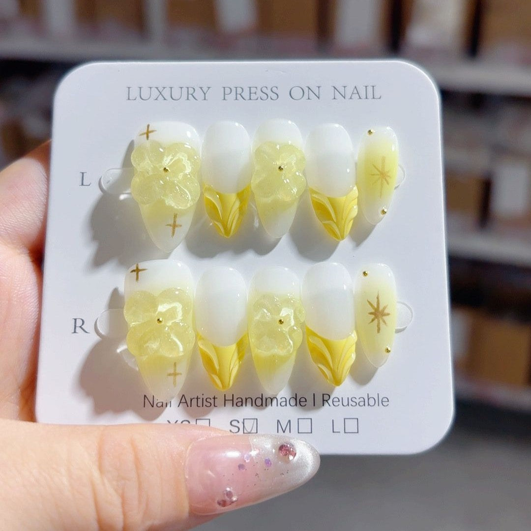 365nails-Spring Whisper: "Buttercup Bloom" – Almond Shape Handmade 3D Carved Press-On Nails