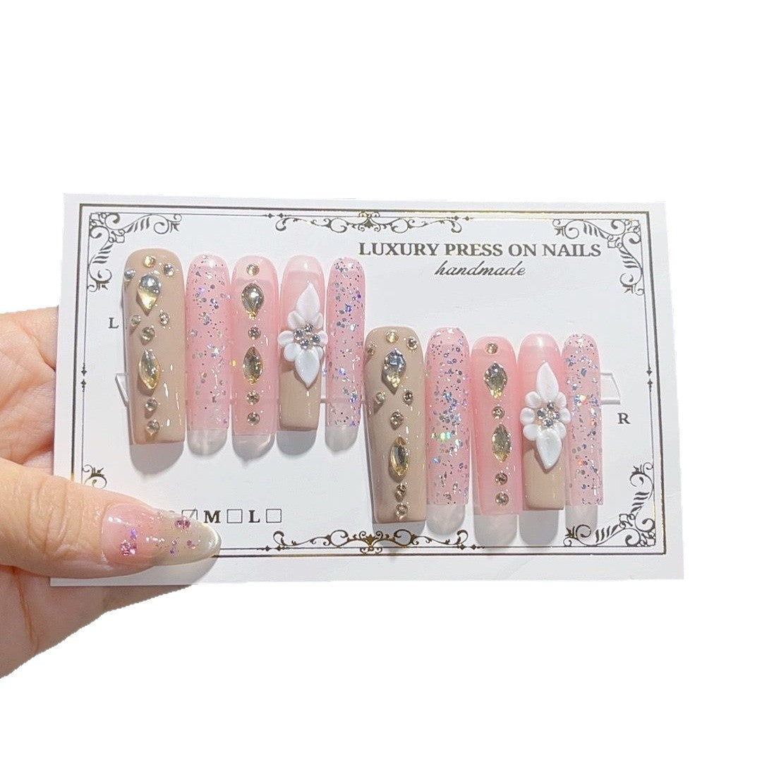 Blush Nude Crystal Floral Luxury Press On Nails