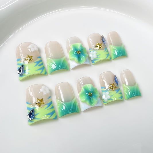 Duck bill nail ice through hand-painted 3D three-dimensional engraved short nail art summer small fresh handmade press-on nails｜365nails