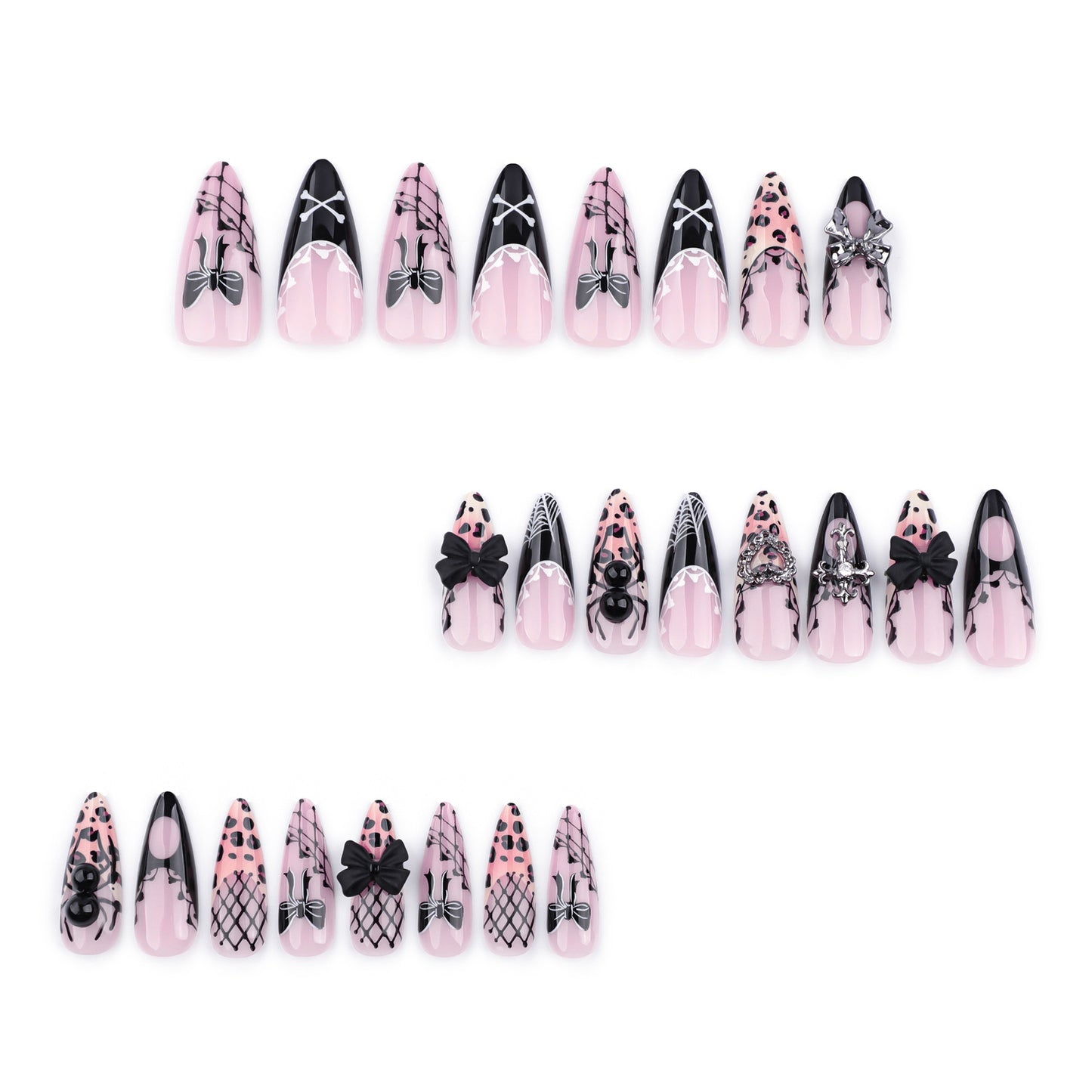Gothic hottie wearing nail French leopard print  manicure fake nail three-dimensional bow spider personalized nail piece｜365nails