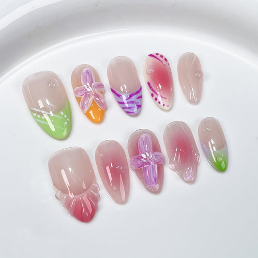 Spice Girls Blush Unha Gelo Transparente Francês Flores Em Relevo Unhas Pressionadas Feitas À Mão Usando Unhas Postiças ｜365nails