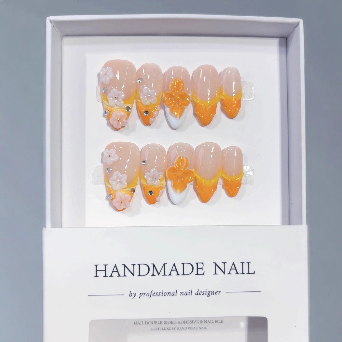 Autumn Bloom: "Orange Floral Glow" – Almond Shape Handmade Press-Ons