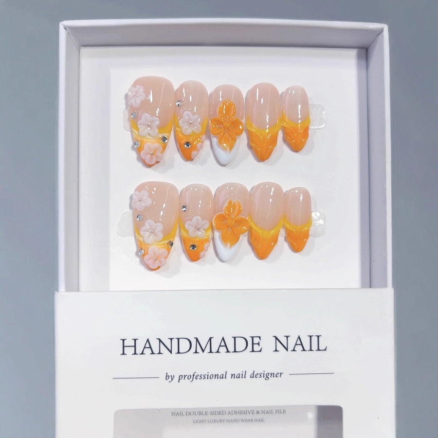 Autumn Bloom: "Orange Floral Glow" – Almond Shape Handmade Press-Ons