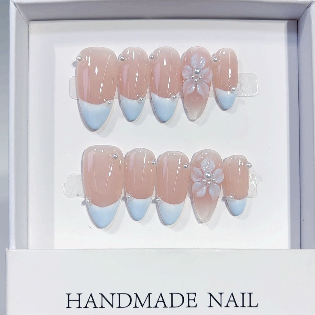 Blue Bloom: "Nude Blue French Flower" – Almond Shape Handmade Press-On Nails
