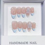 Blue Bloom: "Nude Blue French Flower" – Almond Shape Handmade Press-On Nails