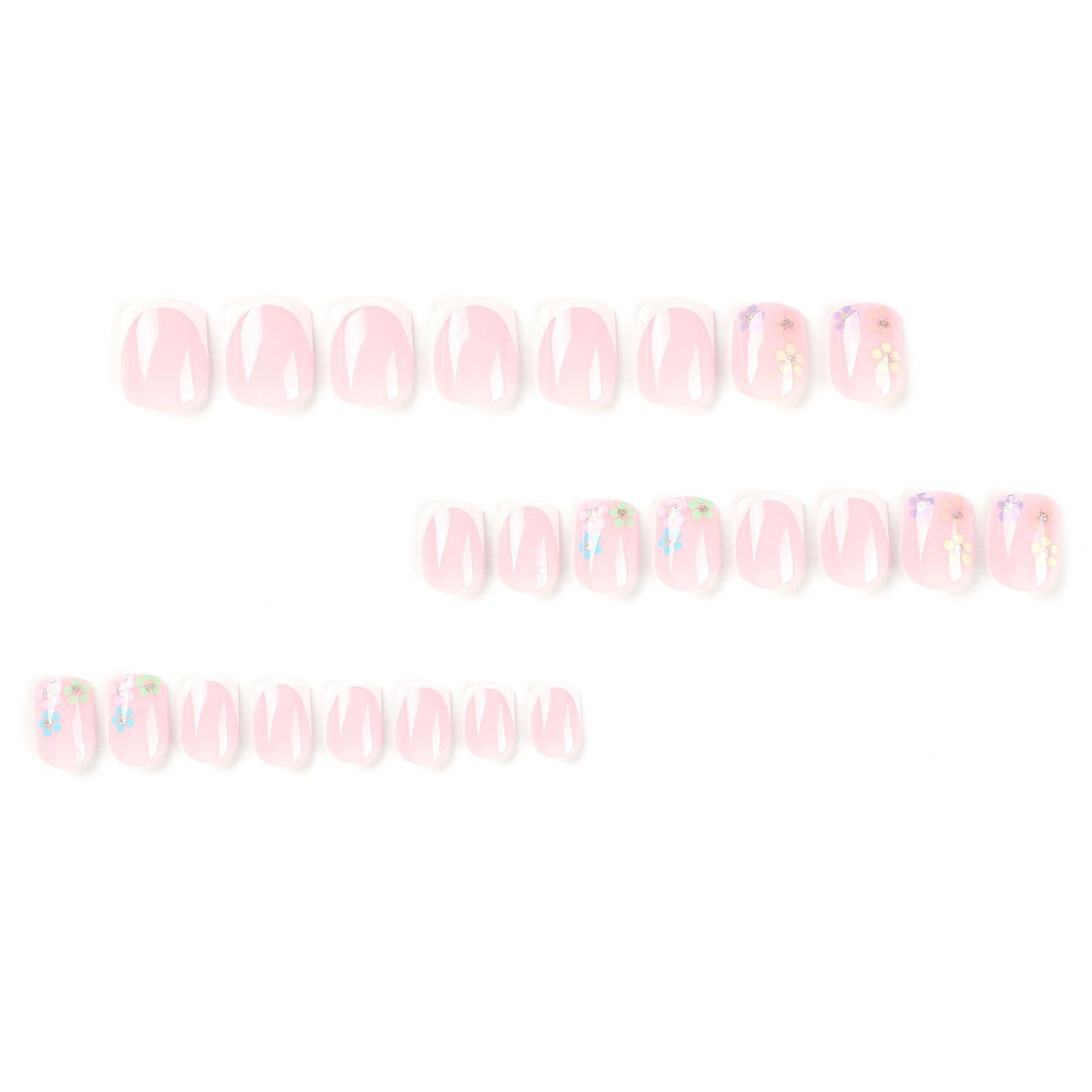 Press on nails short white French nails piece finished multi-colored flower gold glitter nails art press on nails｜365nails