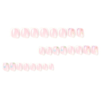 Press on nails short white French nails piece finished multi-colored flower gold glitter nails art press on nails｜365nails