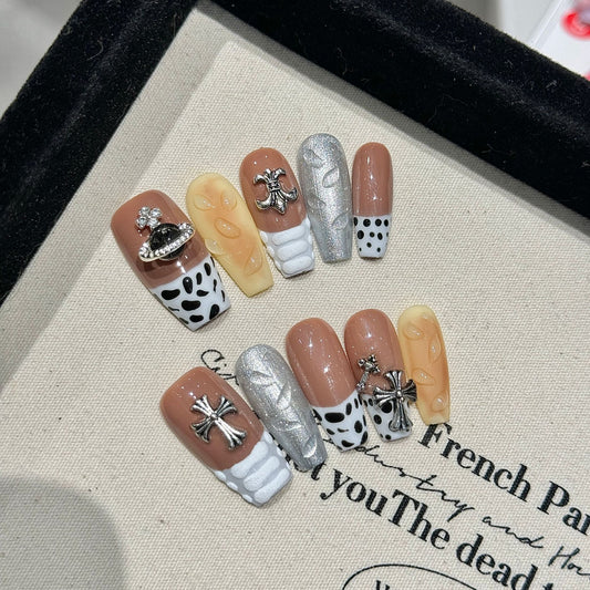 Ono leopard print personalized press on nails French autumn and winter gradient atmosphere showing white style Spice Girl advanced press on nails | 365nails